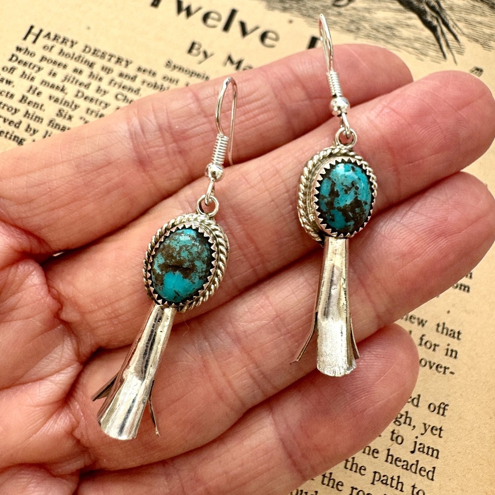 Navajo Turquoise Earrings Squash Blossom 2in Sterling 925 Native Amer Hook